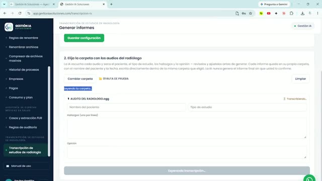 Módulo Transcripción de radiología en funcionamiento